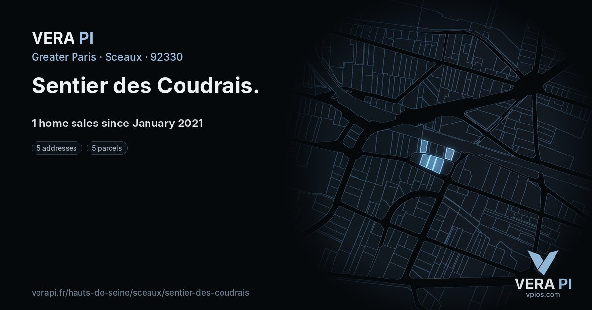 Sentier des Coudrais, Sceaux at night – every parcel coloured by the prices around it, the street's own parcels lit