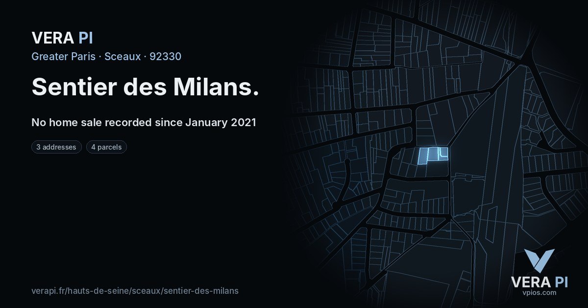 Sentier des Milans, Sceaux at night – every parcel coloured by the prices around it, the street's own parcels lit