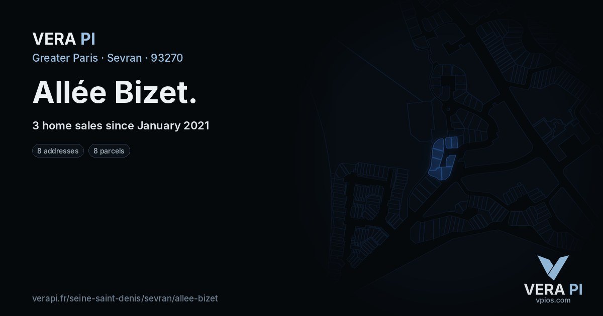 Allée Bizet, Sevran at night – every parcel coloured by the prices around it, the street's own parcels lit