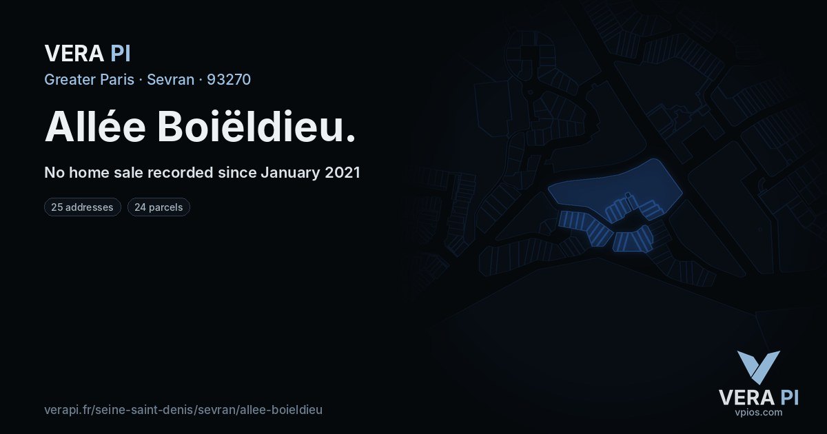 Allée Boiëldieu, Sevran at night – every parcel coloured by the prices around it, the street's own parcels lit