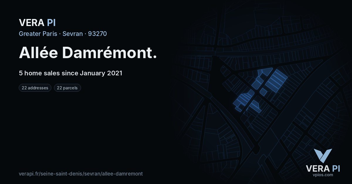 Allée Damrémont, Sevran at night – every parcel coloured by the prices around it, the street's own parcels lit