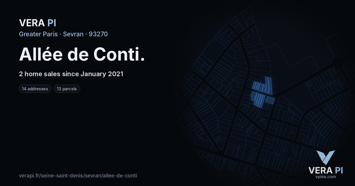 Allée de Conti, Sevran at night – every parcel coloured by the prices around it, the street's own parcels lit