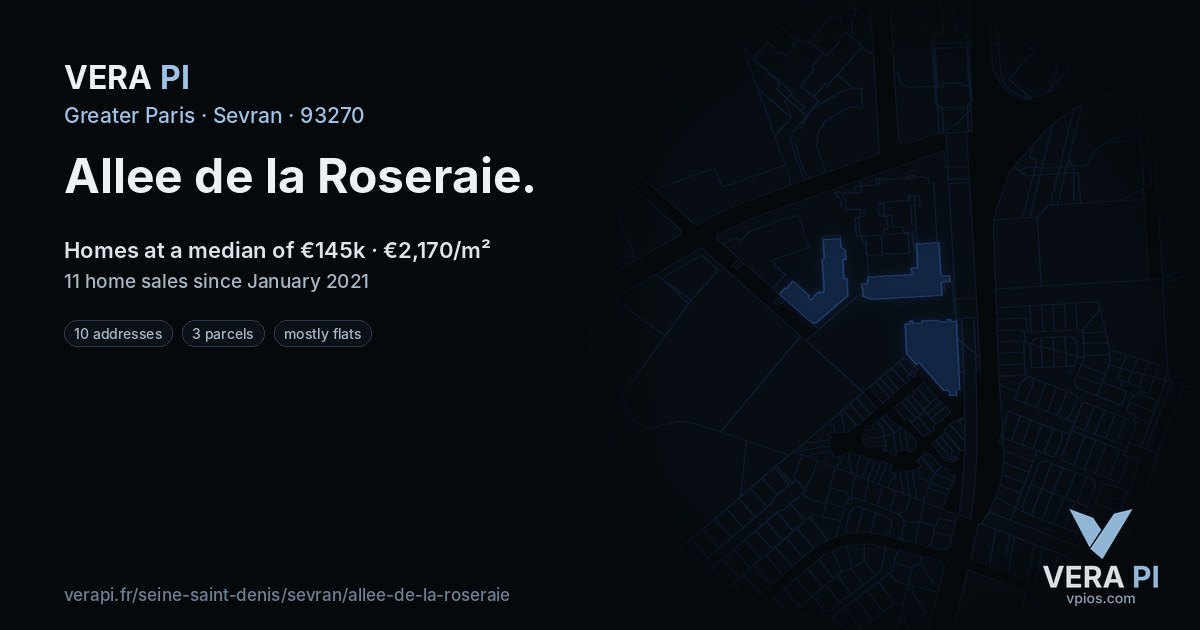 Allee de la Roseraie, Sevran at night – every parcel coloured by the prices around it, the street's own parcels lit