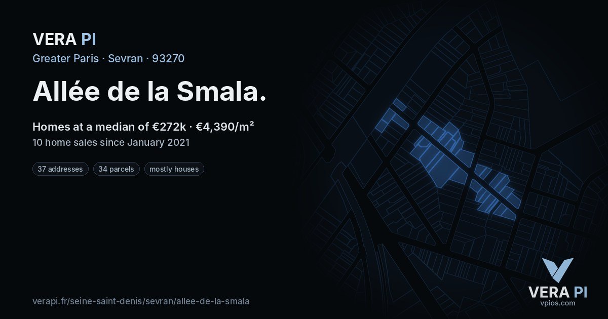 Allée de la Smala, Sevran at night – every parcel coloured by the prices around it, the street's own parcels lit