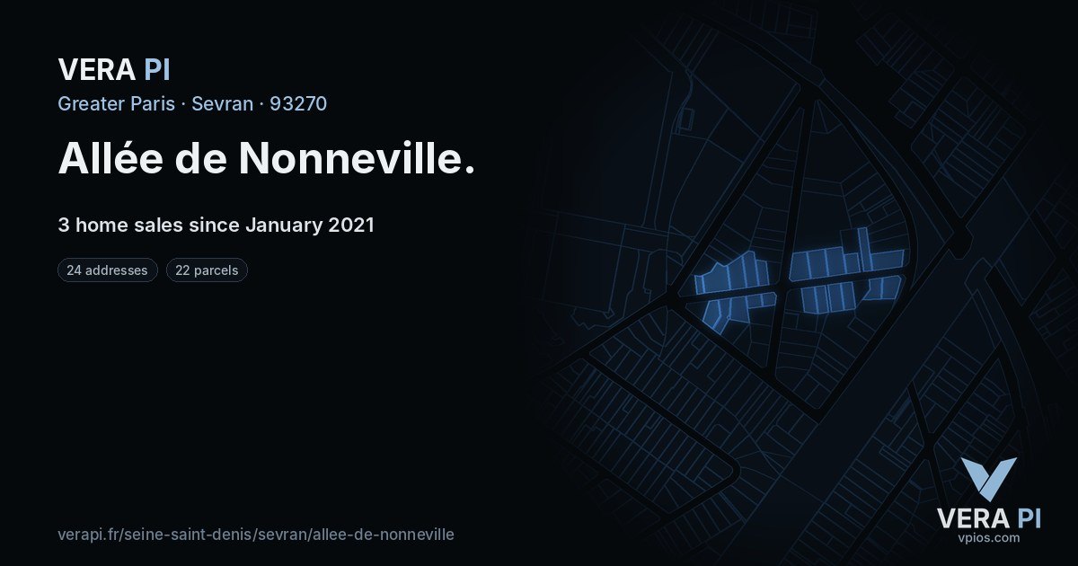 Allée de Nonneville, Sevran at night – every parcel coloured by the prices around it, the street's own parcels lit
