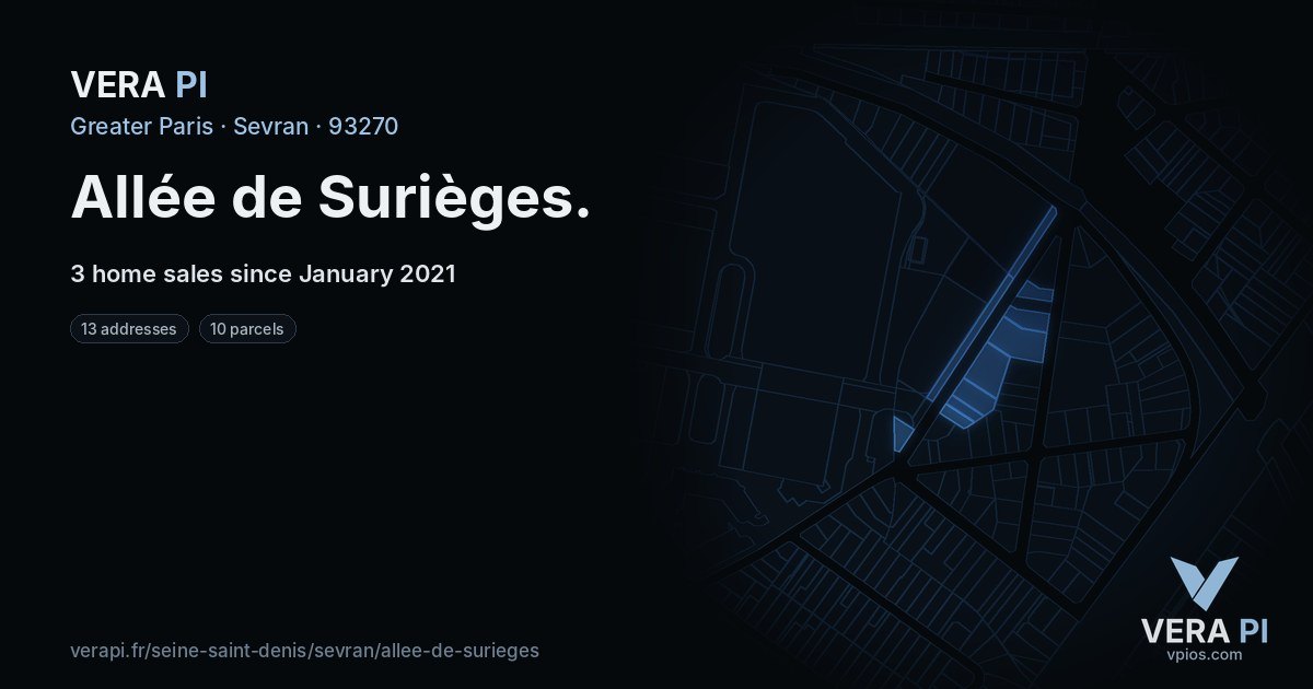 Allée de Surièges, Sevran at night – every parcel coloured by the prices around it, the street's own parcels lit