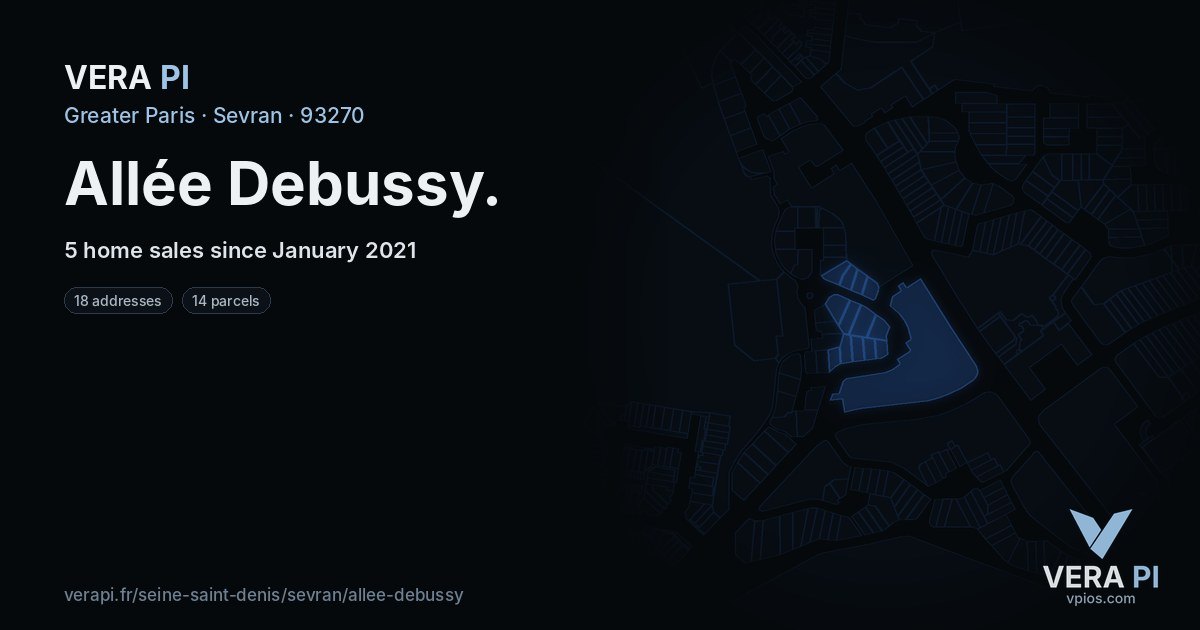 Allée Debussy, Sevran at night – every parcel coloured by the prices around it, the street's own parcels lit
