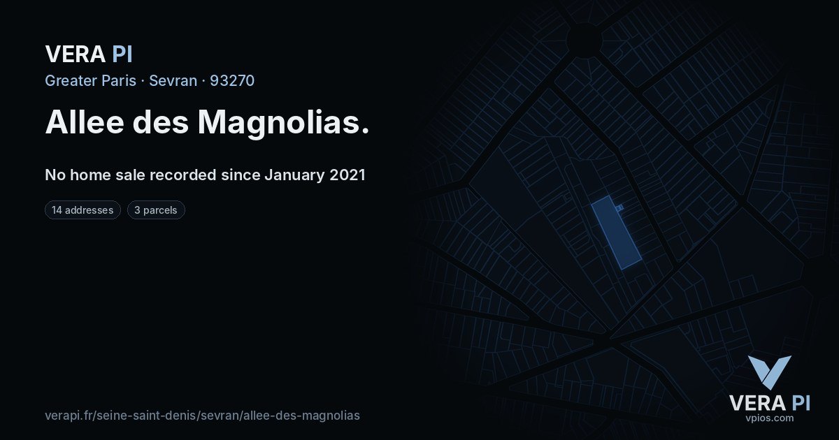 Allee des Magnolias, Sevran at night – every parcel coloured by the prices around it, the street's own parcels lit