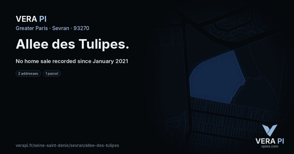 Allee des Tulipes, Sevran at night – every parcel coloured by the prices around it, the street's own parcels lit