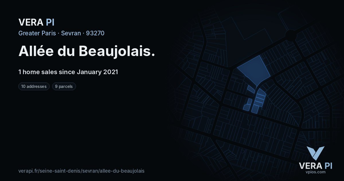 Allée du Beaujolais, Sevran at night – every parcel coloured by the prices around it, the street's own parcels lit