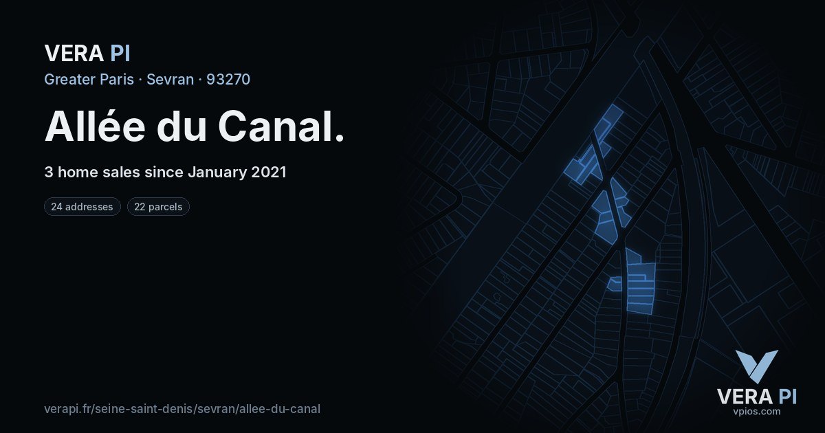 Allée du Canal, Sevran at night – every parcel coloured by the prices around it, the street's own parcels lit