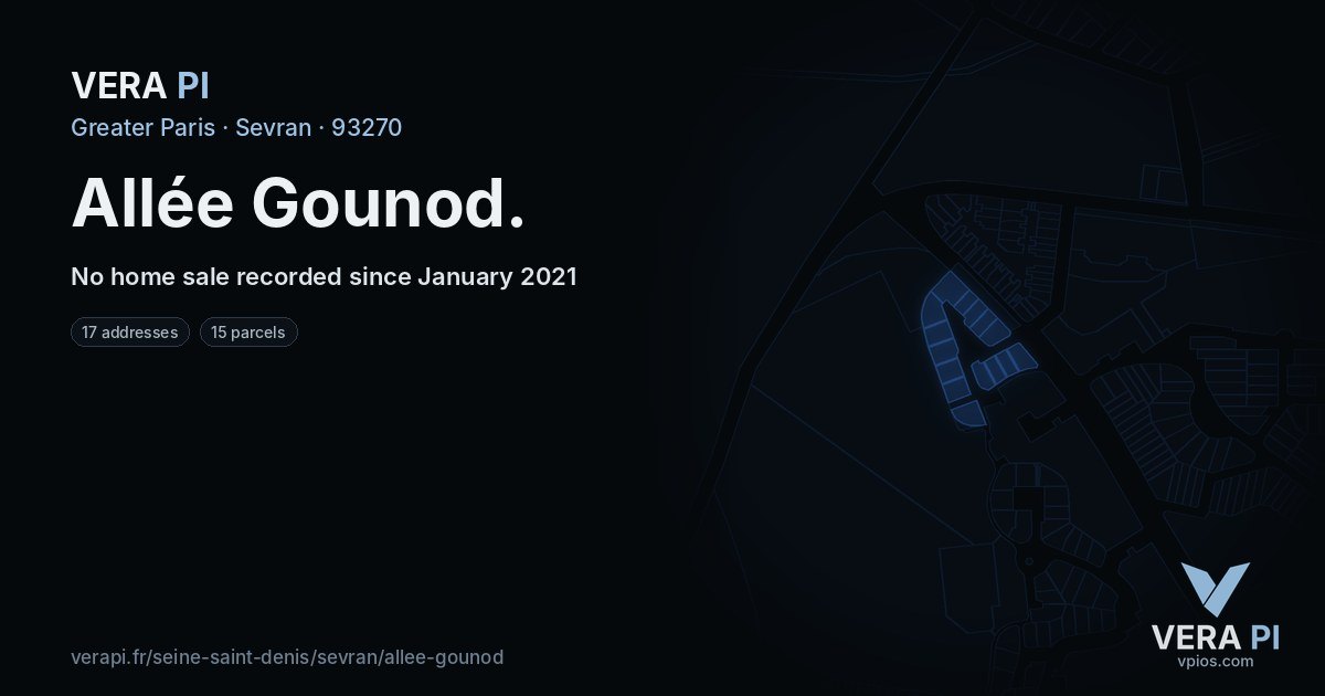 Allée Gounod, Sevran at night – every parcel coloured by the prices around it, the street's own parcels lit