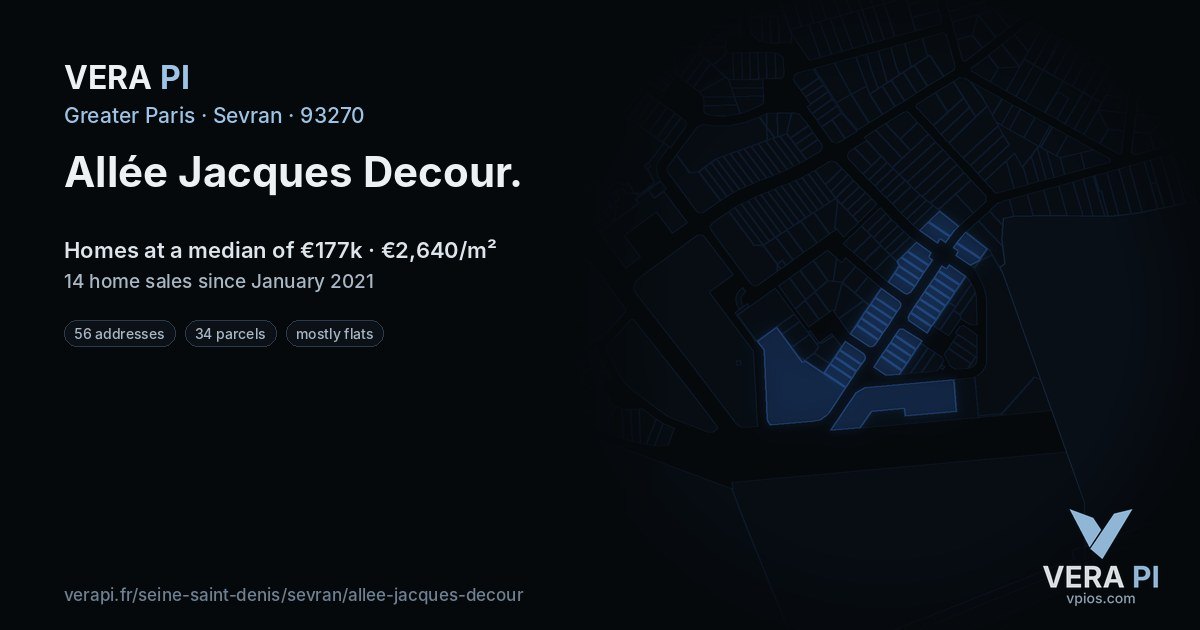 Allée Jacques Decour, Sevran at night – every parcel coloured by the prices around it, the street's own parcels lit