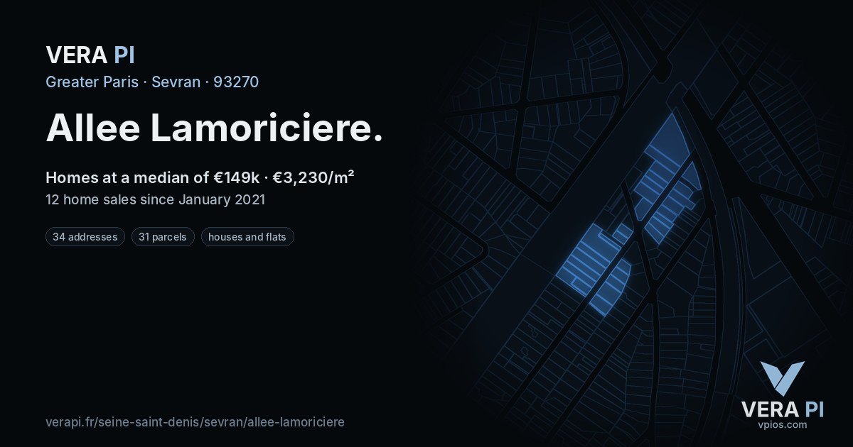 Allee Lamoriciere, Sevran at night – every parcel coloured by the prices around it, the street's own parcels lit