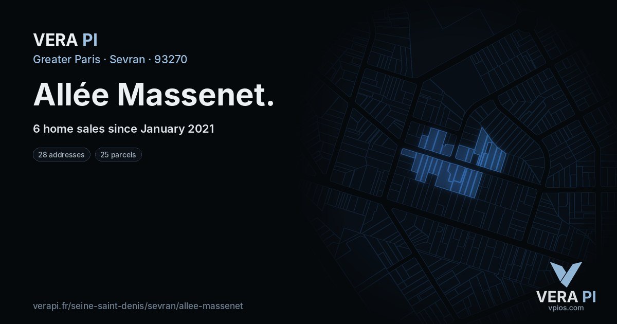Allée Massenet, Sevran at night – every parcel coloured by the prices around it, the street's own parcels lit