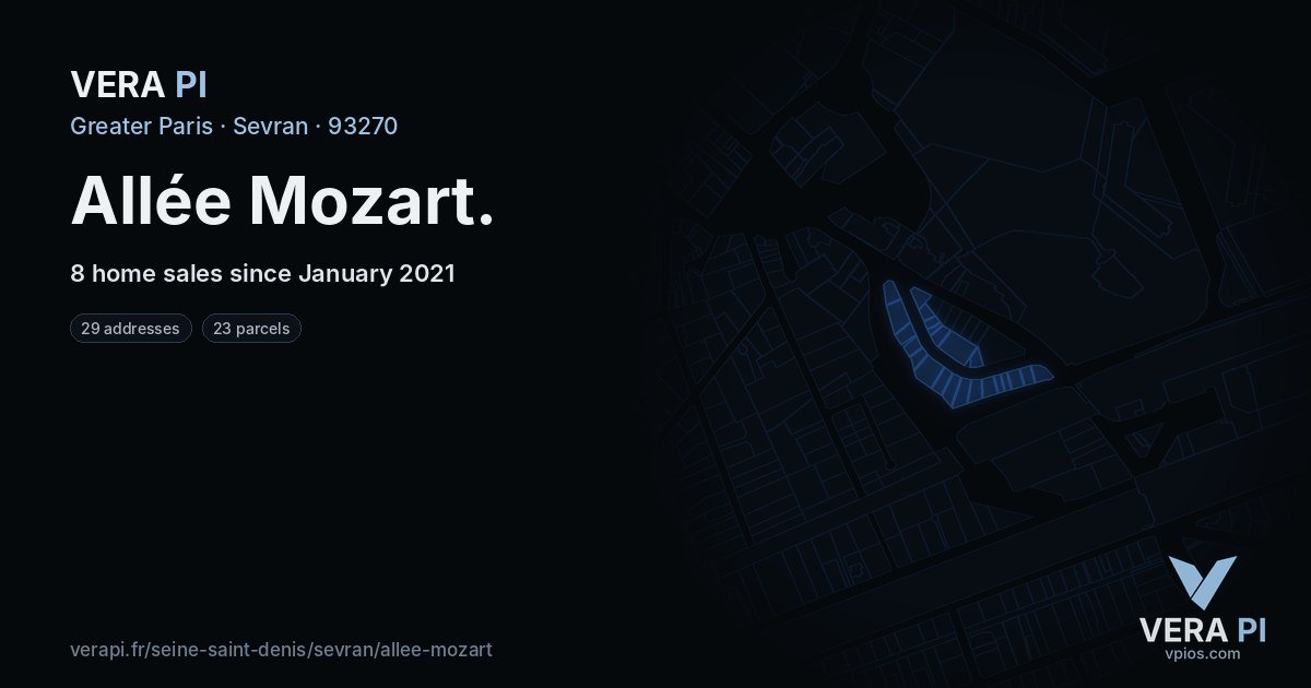Allée Mozart, Sevran at night – every parcel coloured by the prices around it, the street's own parcels lit
