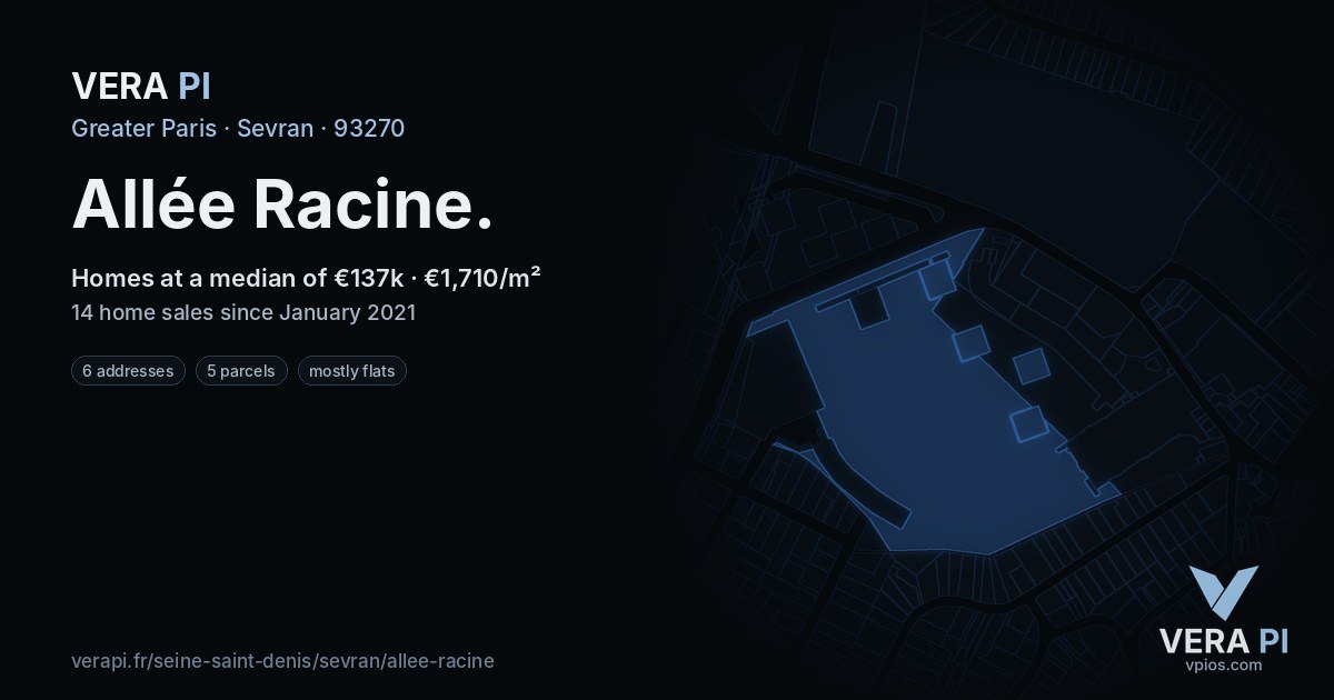 Allée Racine, Sevran at night – every parcel coloured by the prices around it, the street's own parcels lit