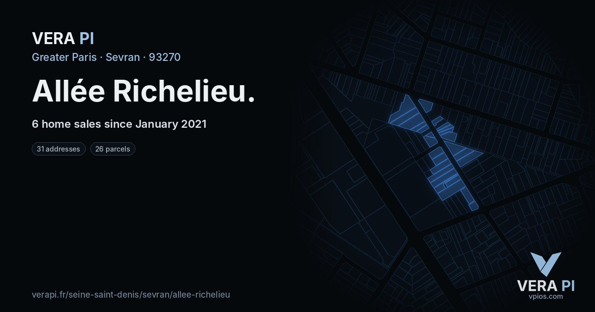 Allée Richelieu, Sevran at night – every parcel coloured by the prices around it, the street's own parcels lit