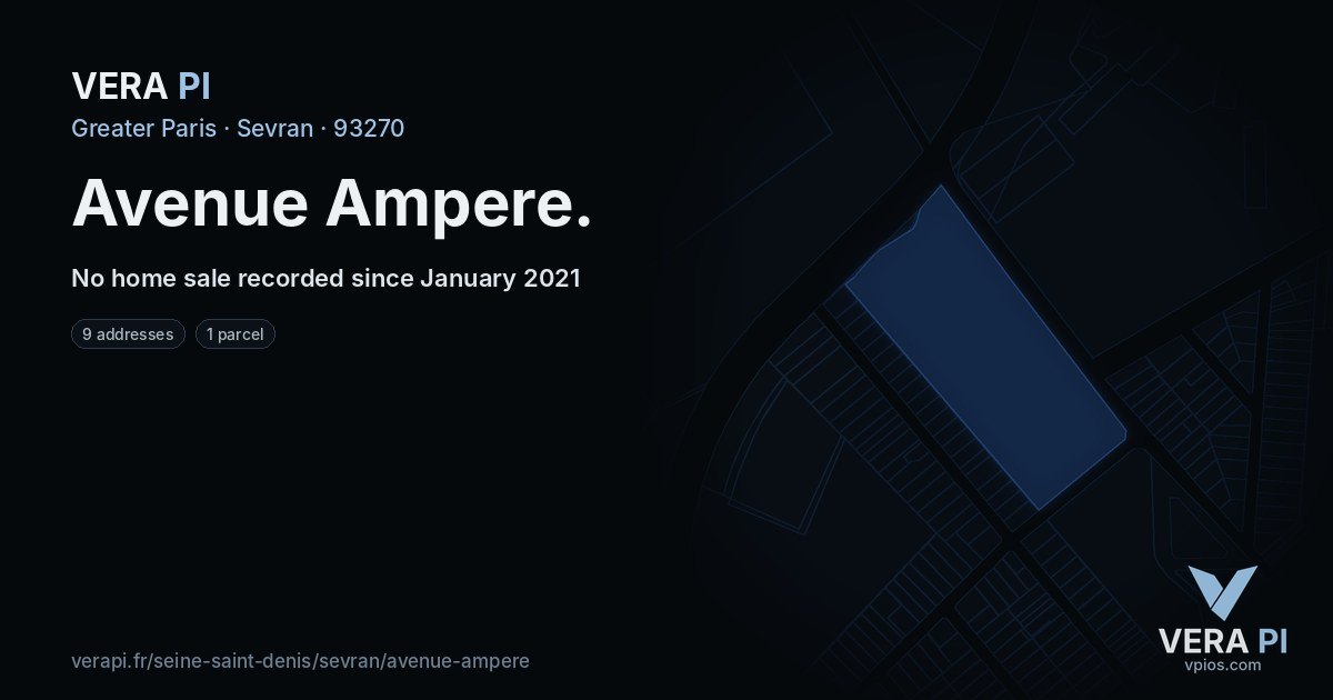 Avenue Ampere, Sevran at night – every parcel coloured by the prices around it, the street's own parcels lit