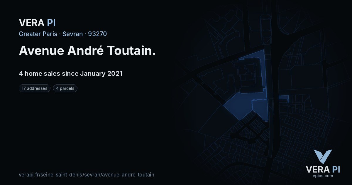 Avenue André Toutain, Sevran at night – every parcel coloured by the prices around it, the street's own parcels lit