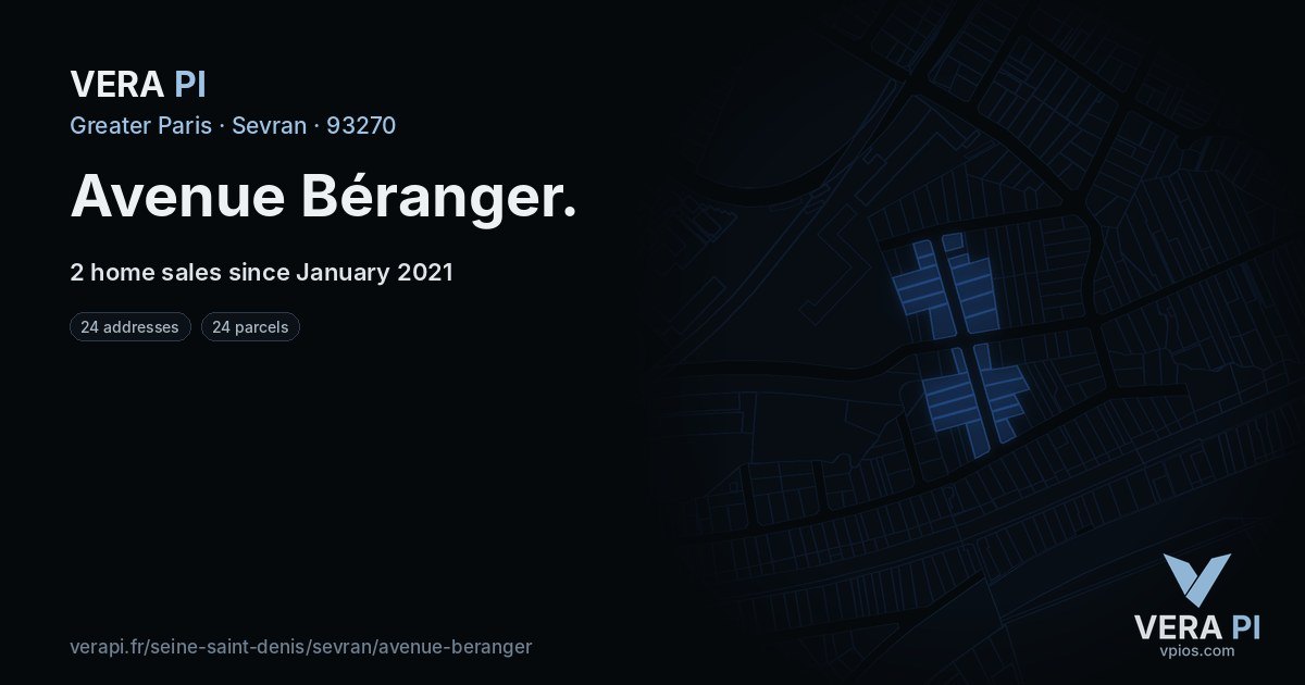 Avenue Béranger, Sevran at night – every parcel coloured by the prices around it, the street's own parcels lit