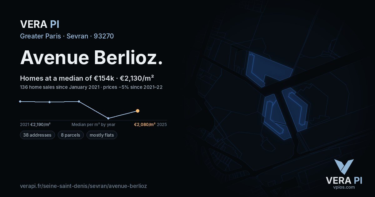 Avenue Berlioz, Sevran at night – every parcel coloured by the prices around it, the street's own parcels lit
