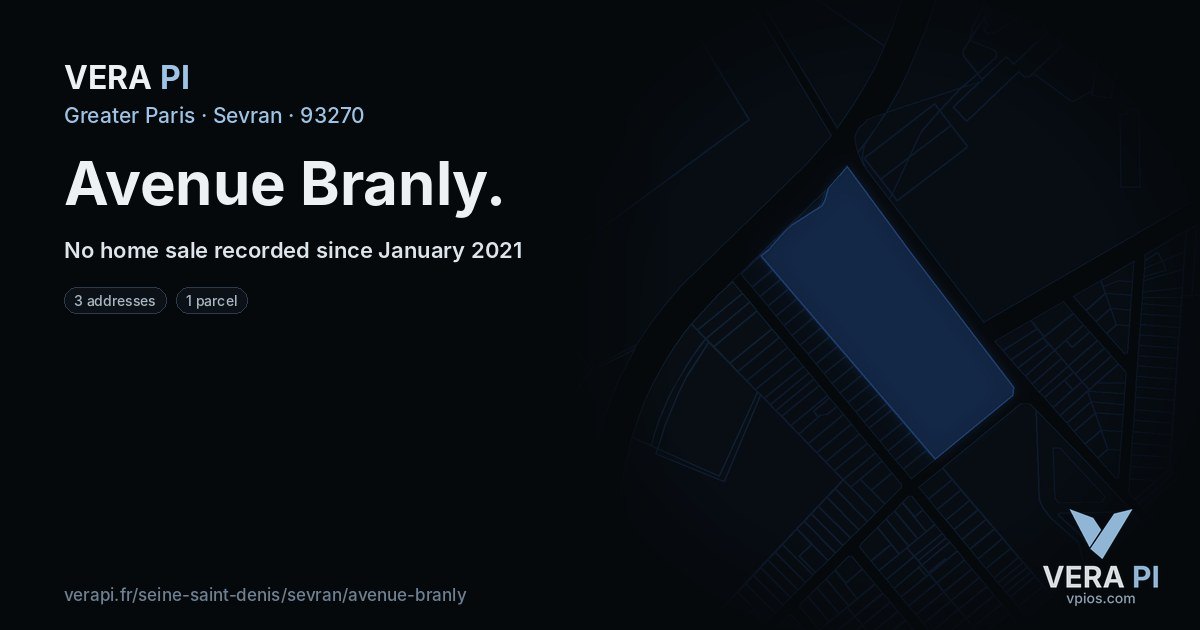 Avenue Branly, Sevran at night – every parcel coloured by the prices around it, the street's own parcels lit