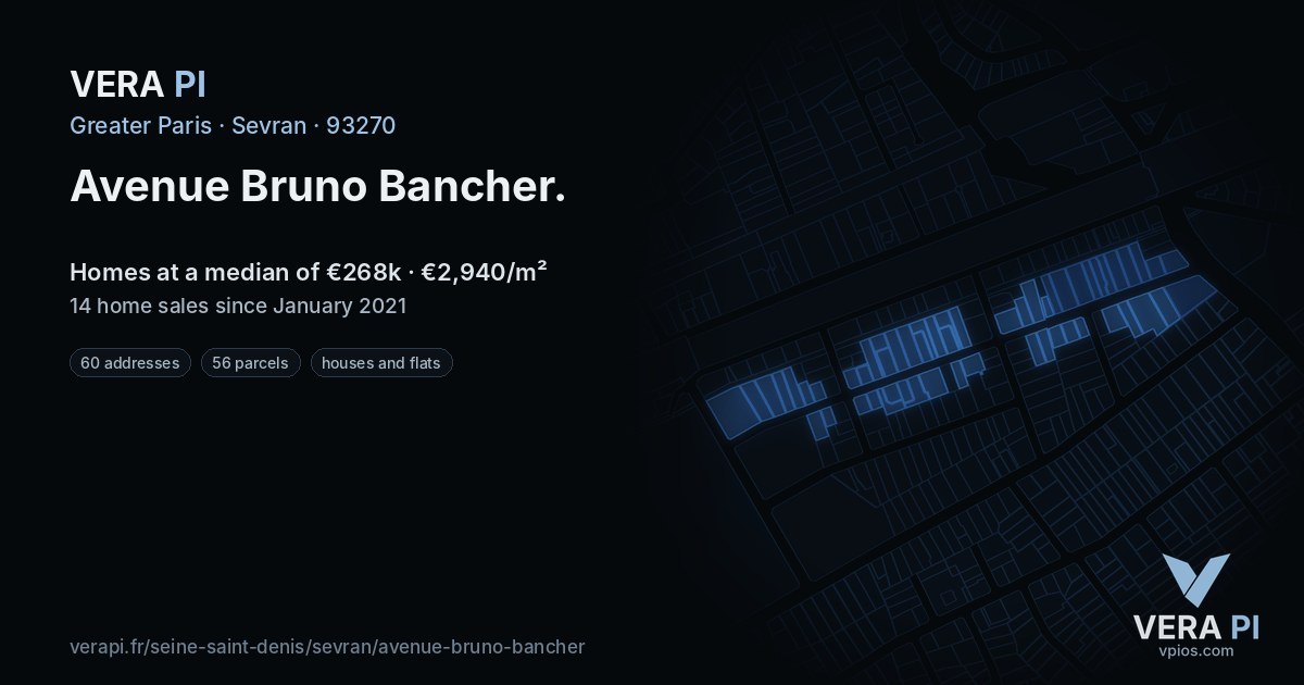 Avenue Bruno Bancher, Sevran at night – every parcel coloured by the prices around it, the street's own parcels lit