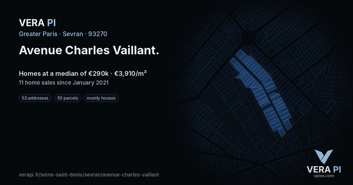 Avenue Charles Vaillant, Sevran at night – every parcel coloured by the prices around it, the street's own parcels lit