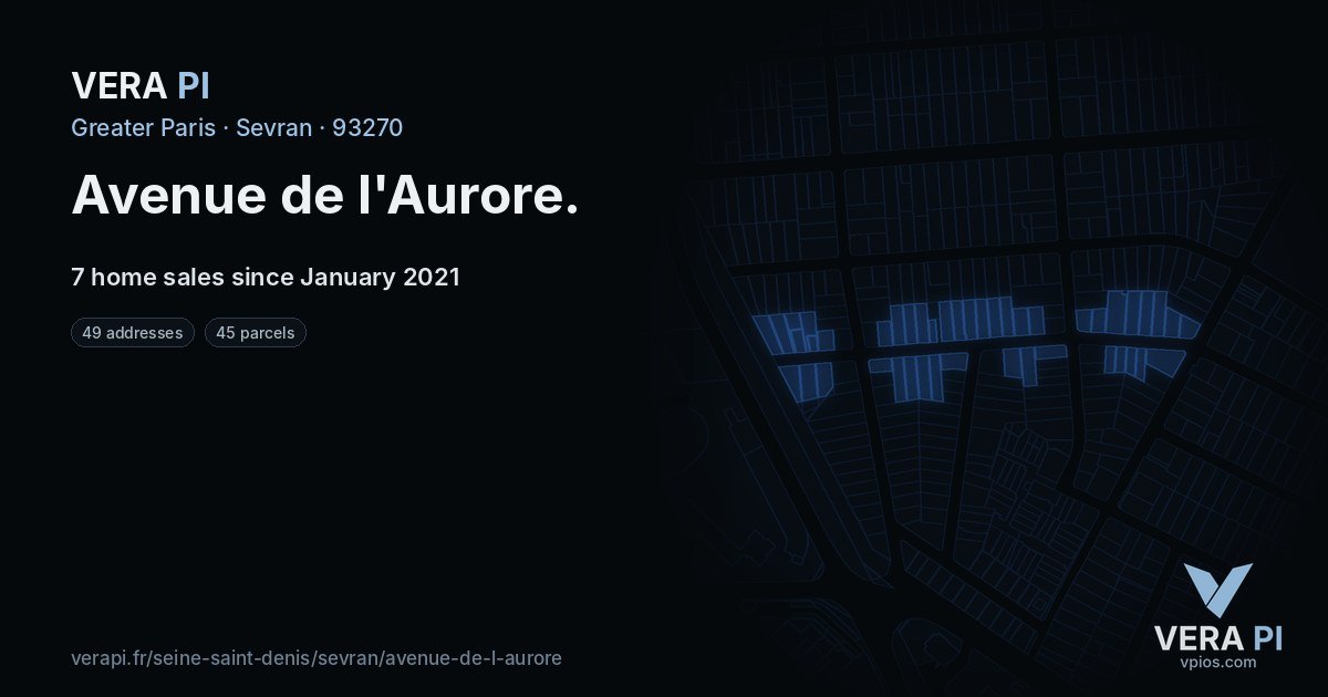 Avenue de l'Aurore, Sevran at night – every parcel coloured by the prices around it, the street's own parcels lit