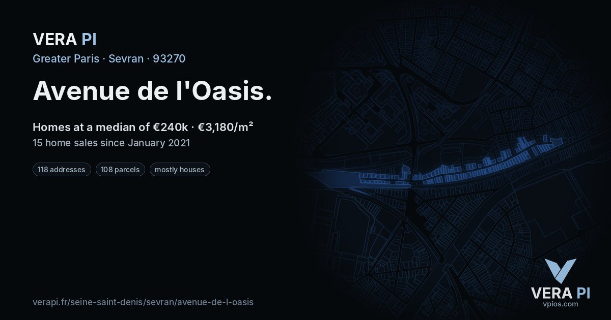 Avenue de l'Oasis, Sevran at night – every parcel coloured by the prices around it, the street's own parcels lit