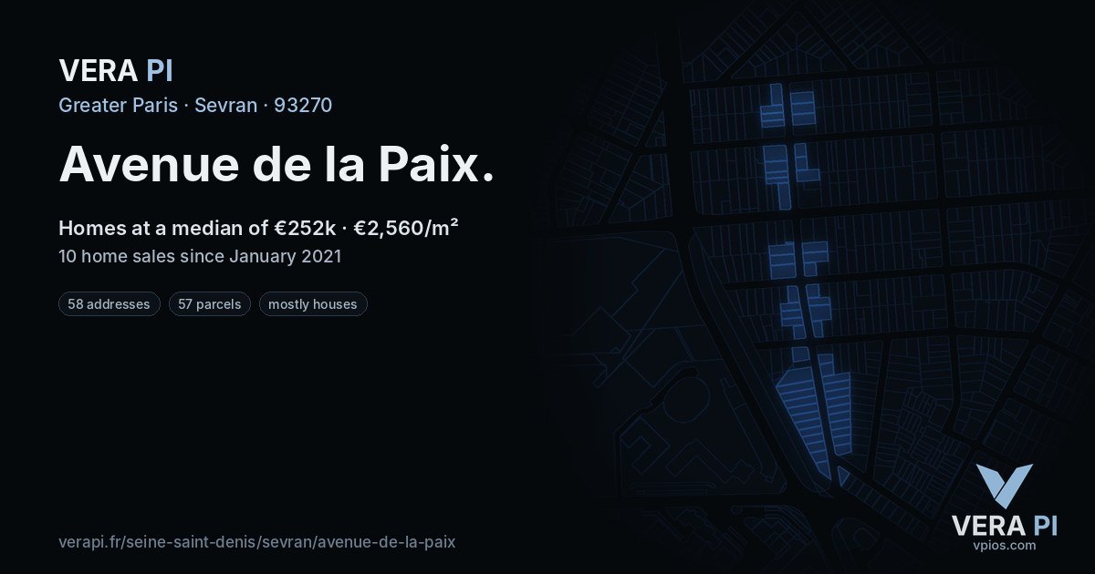Avenue de la Paix, Sevran at night – every parcel coloured by the prices around it, the street's own parcels lit