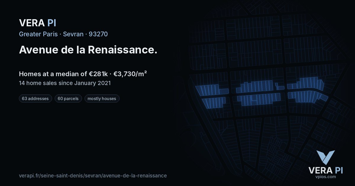 Avenue de la Renaissance, Sevran at night – every parcel coloured by the prices around it, the street's own parcels lit