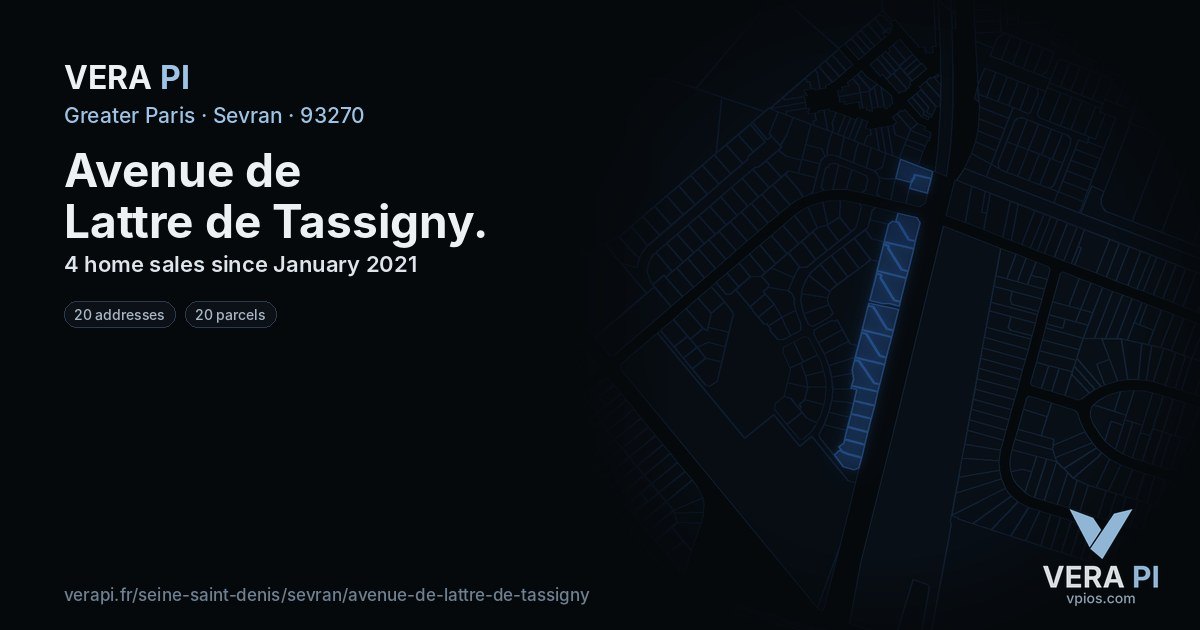 Avenue de Lattre de Tassigny, Sevran at night – every parcel coloured by the prices around it, the street's own parcels lit