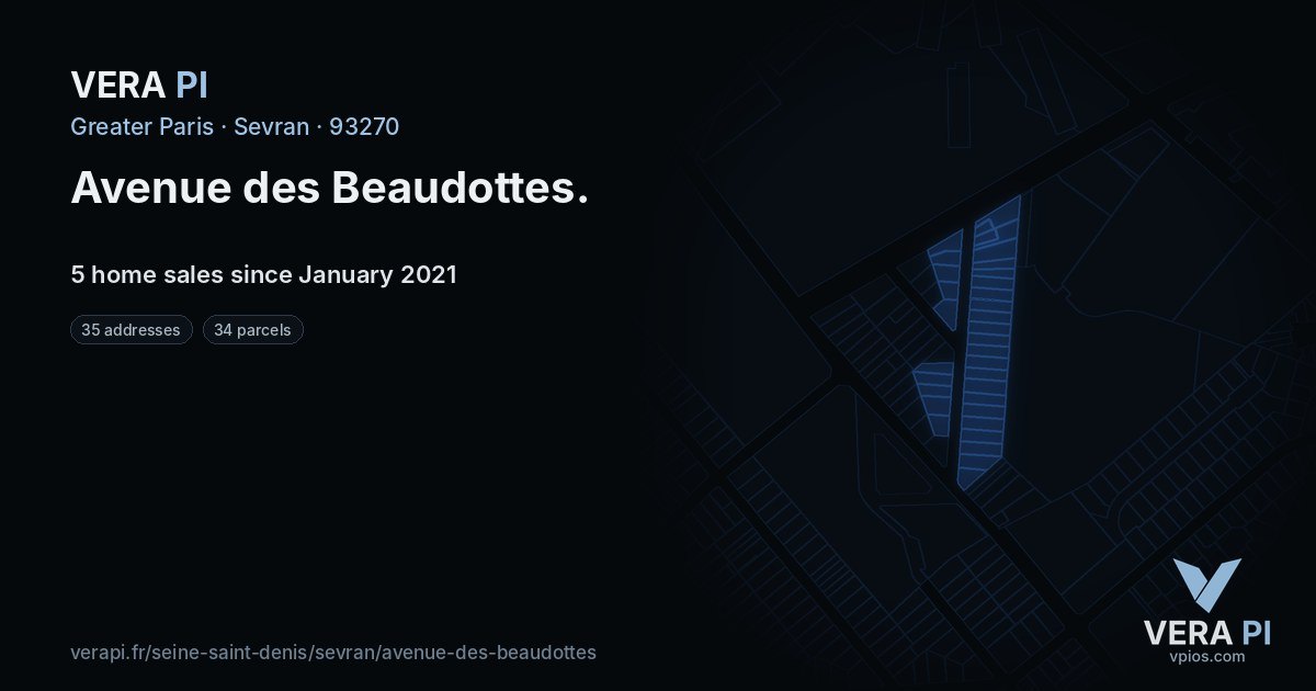 Avenue des Beaudottes, Sevran at night – every parcel coloured by the prices around it, the street's own parcels lit