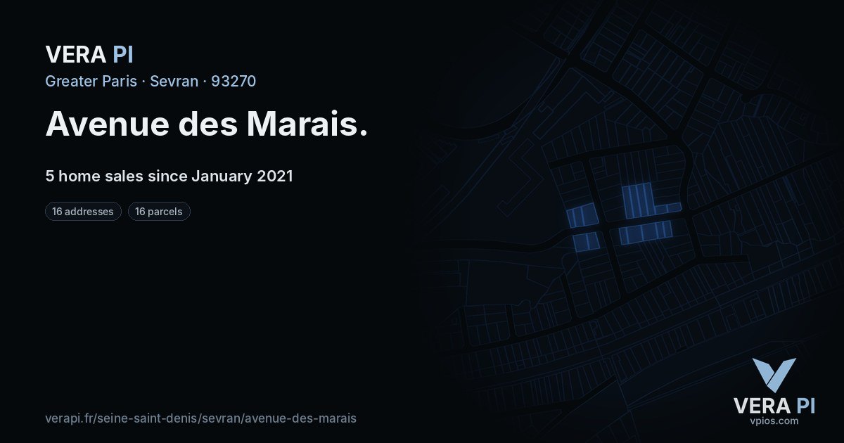 Avenue des Marais, Sevran at night – every parcel coloured by the prices around it, the street's own parcels lit