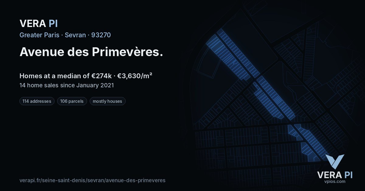 Avenue des Primevères, Sevran at night – every parcel coloured by the prices around it, the street's own parcels lit