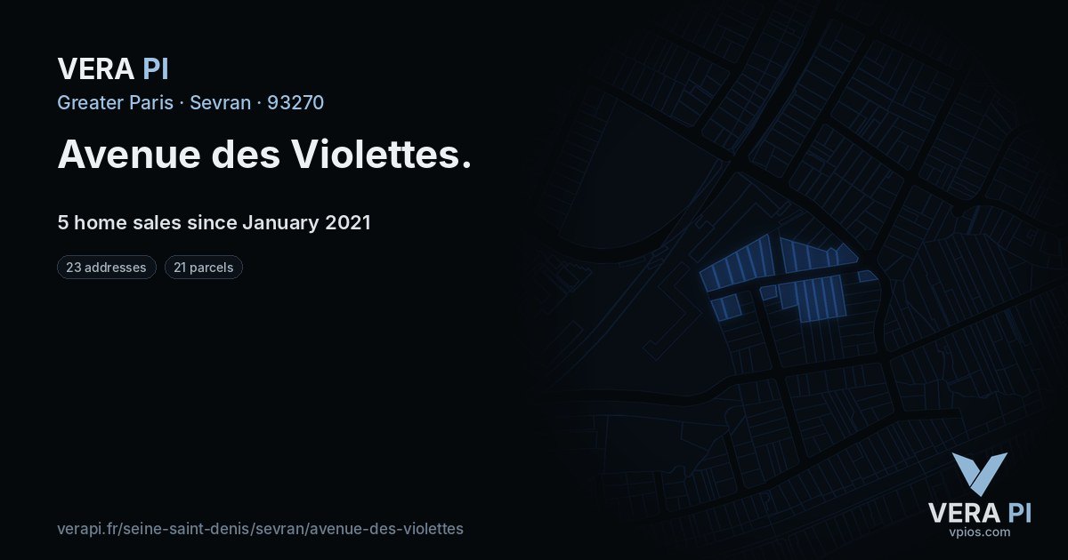 Avenue des Violettes, Sevran at night – every parcel coloured by the prices around it, the street's own parcels lit