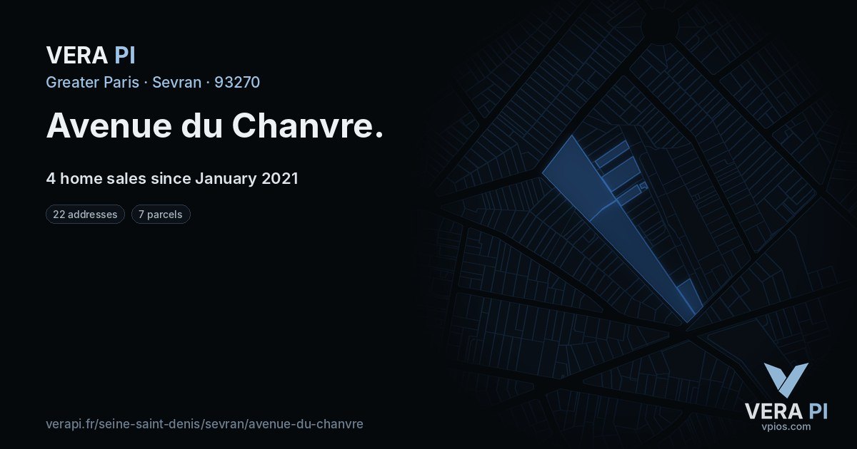 Avenue du Chanvre, Sevran at night – every parcel coloured by the prices around it, the street's own parcels lit