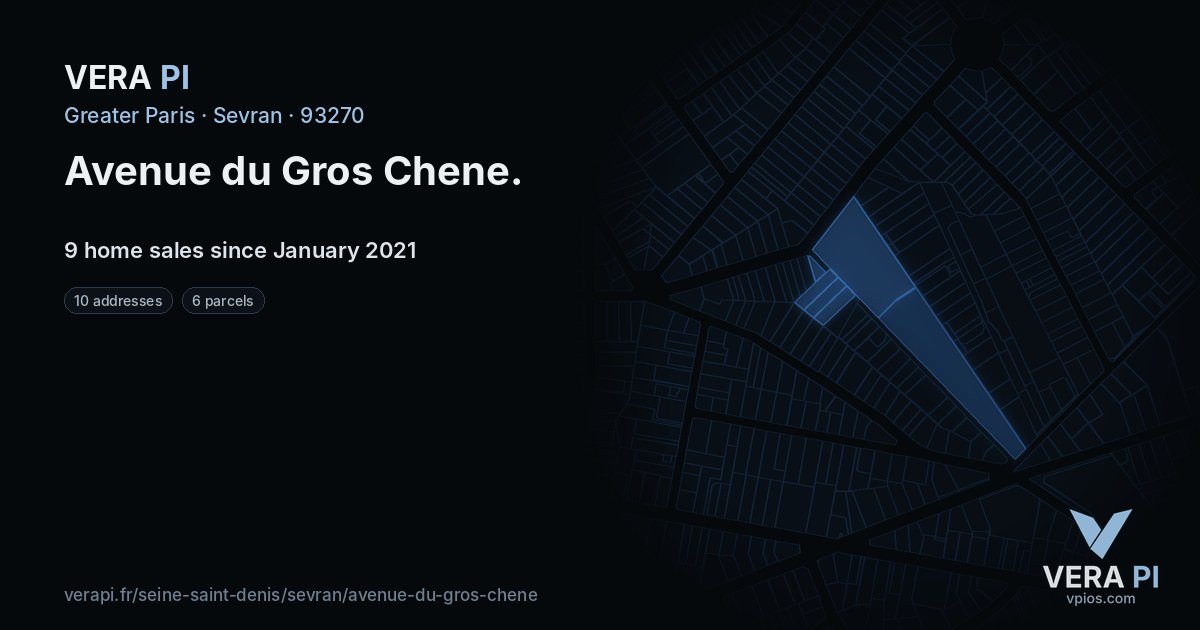 Avenue du Gros Chene, Sevran at night – every parcel coloured by the prices around it, the street's own parcels lit