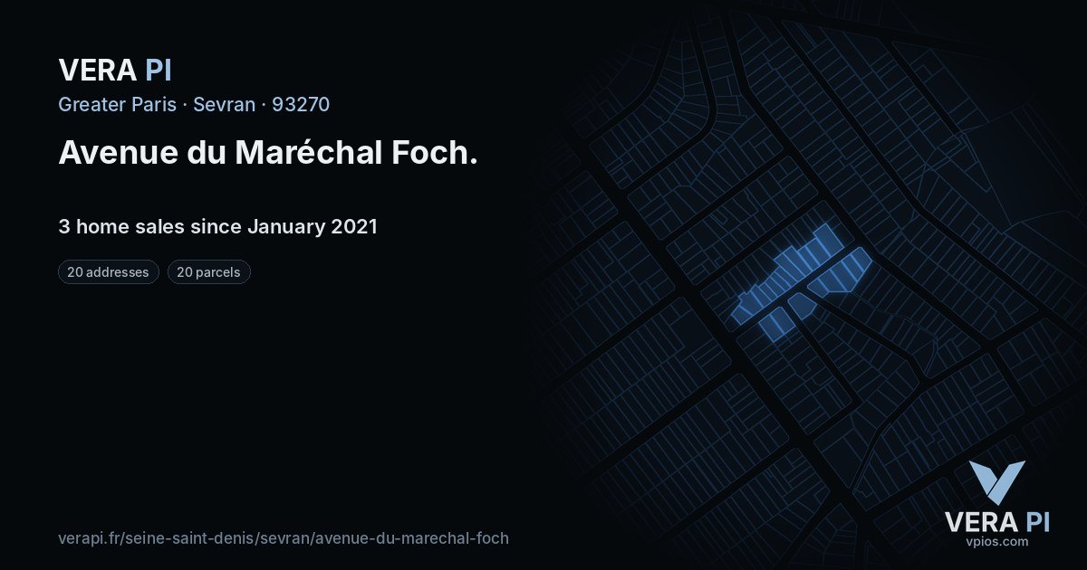 Avenue du Maréchal Foch, Sevran at night – every parcel coloured by the prices around it, the street's own parcels lit