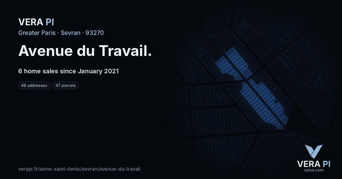 Avenue du Travail, Sevran at night – every parcel coloured by the prices around it, the street's own parcels lit
