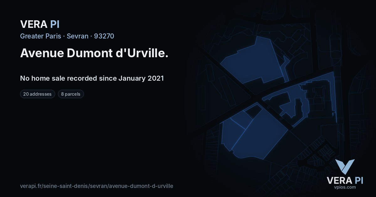 Avenue Dumont d'Urville, Sevran at night – every parcel coloured by the prices around it, the street's own parcels lit