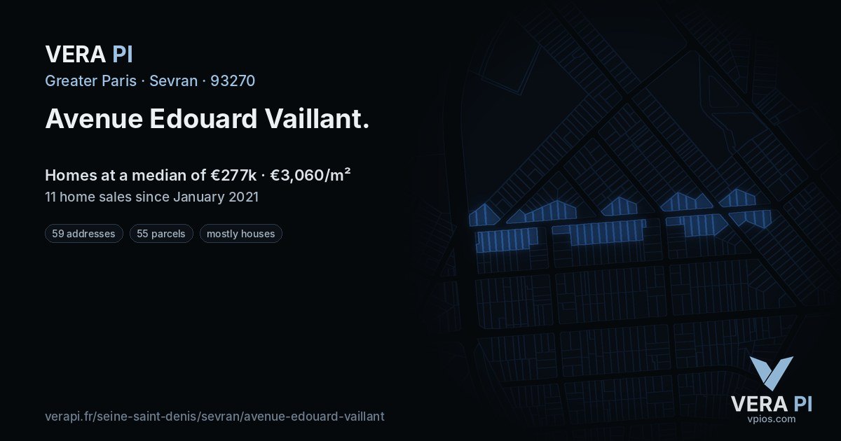 Avenue Edouard Vaillant, Sevran at night – every parcel coloured by the prices around it, the street's own parcels lit