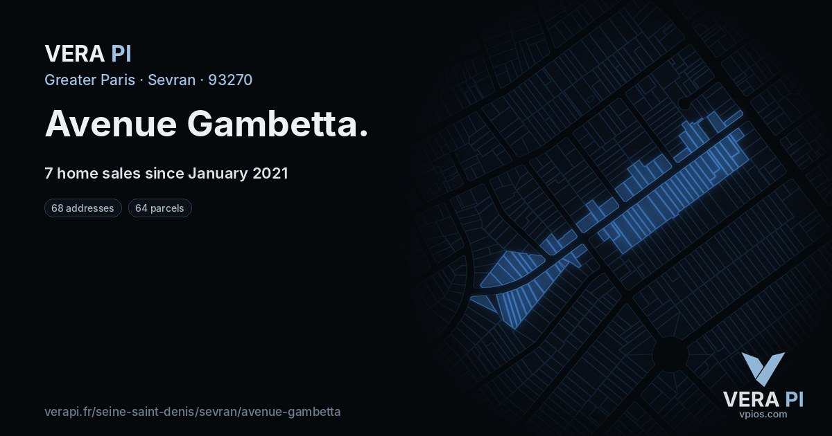 Avenue Gambetta, Sevran at night – every parcel coloured by the prices around it, the street's own parcels lit