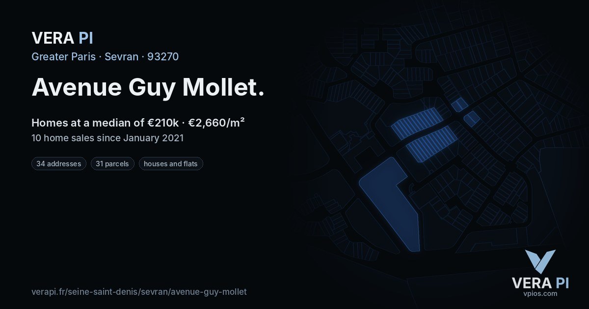 Avenue Guy Mollet, Sevran at night – every parcel coloured by the prices around it, the street's own parcels lit