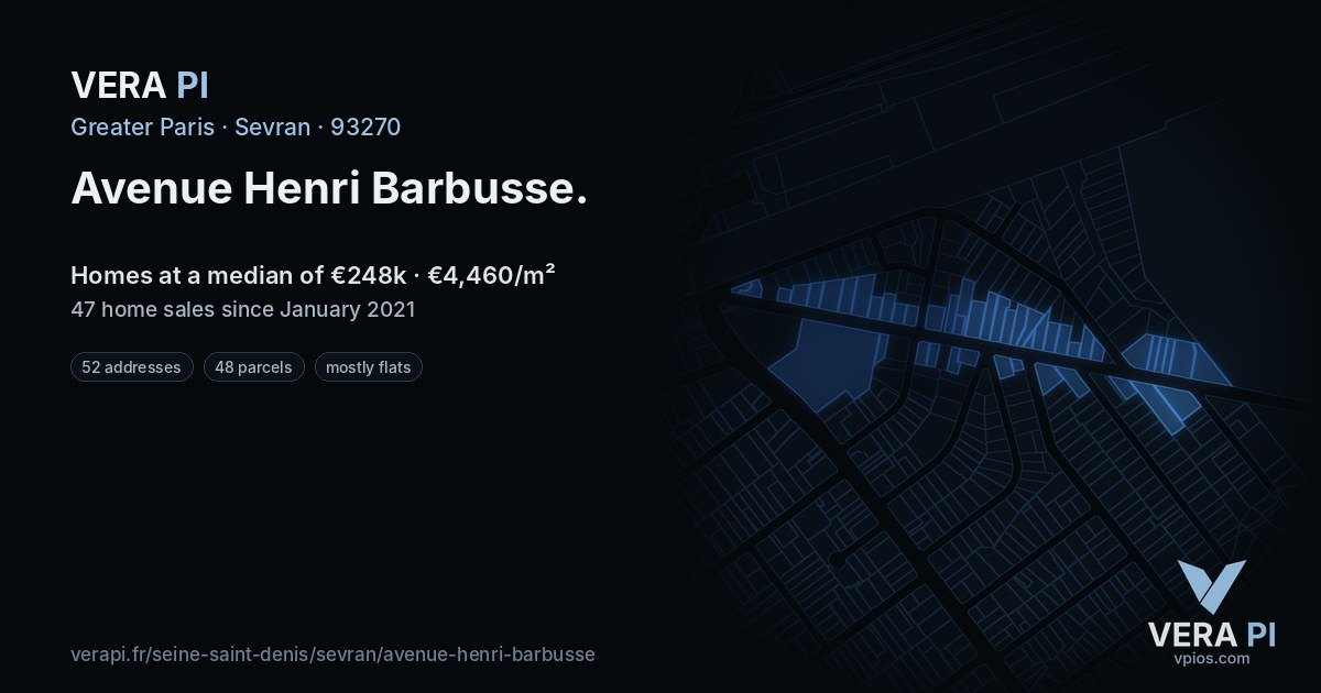 Avenue Henri Barbusse, Sevran at night – every parcel coloured by the prices around it, the street's own parcels lit