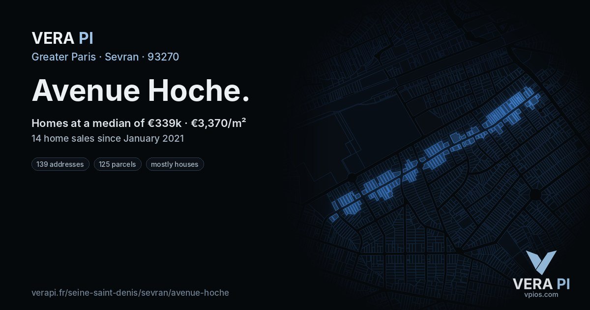 Avenue Hoche, Sevran at night – every parcel coloured by the prices around it, the street's own parcels lit