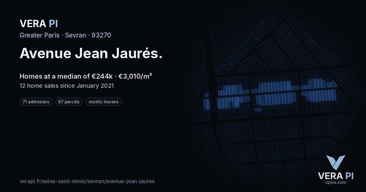 Avenue Jean Jaurés, Sevran at night – every parcel coloured by the prices around it, the street's own parcels lit