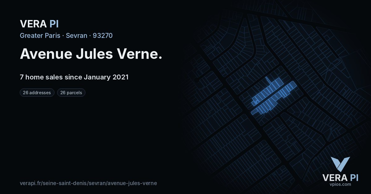 Avenue Jules Verne, Sevran at night – every parcel coloured by the prices around it, the street's own parcels lit